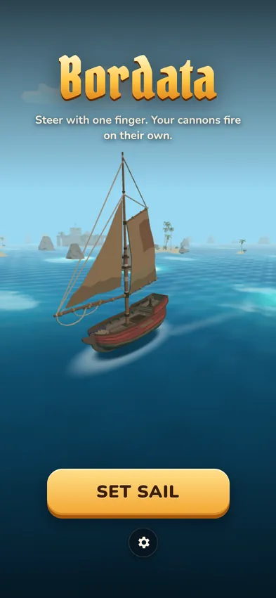 Bordata: schermata iniziale con un veliero pirata sul mare dei Caraibi e il pulsante Set Sail