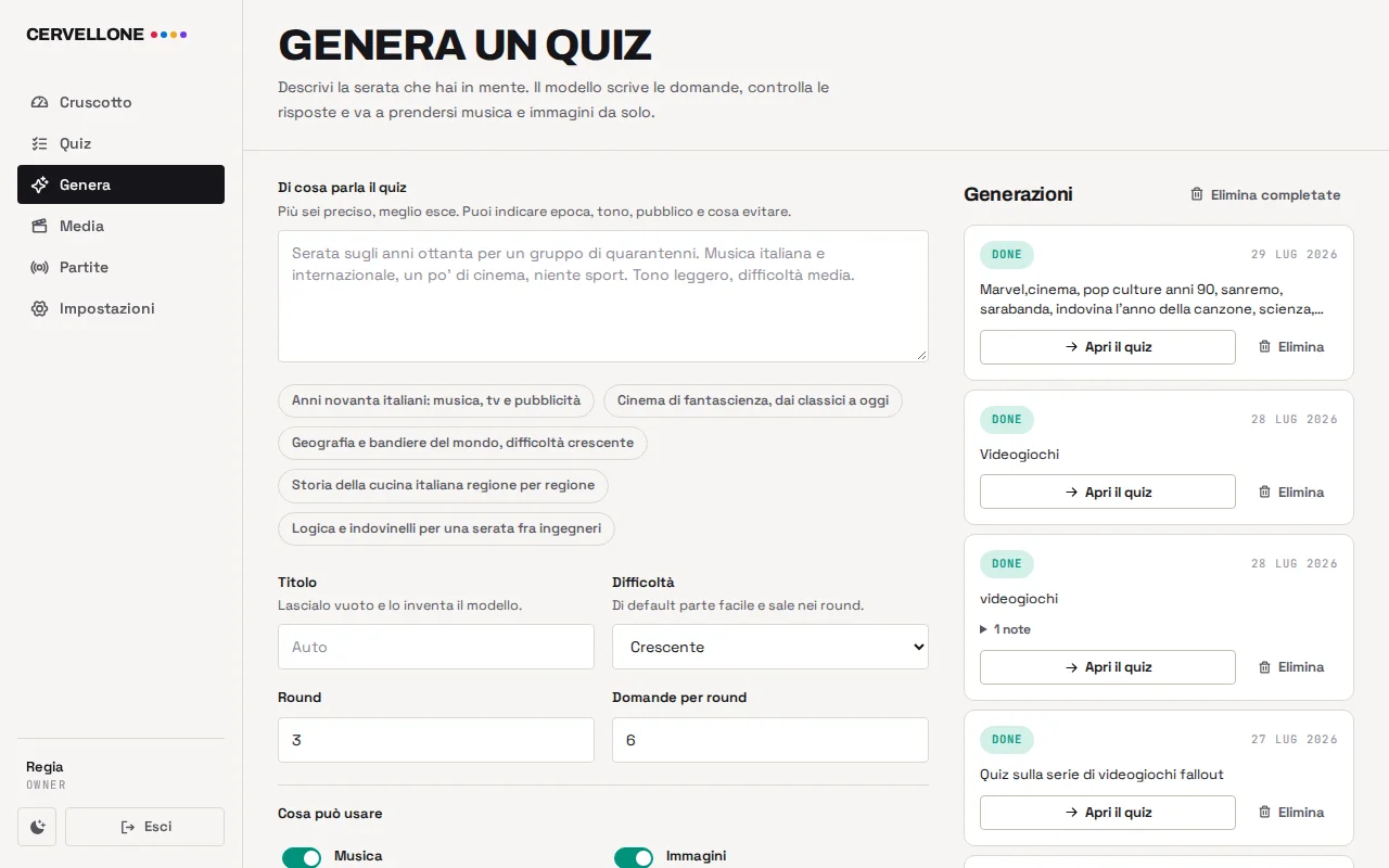 Cervellone: pannello regia per generare quiz con AI, round e domande con musica e immagini