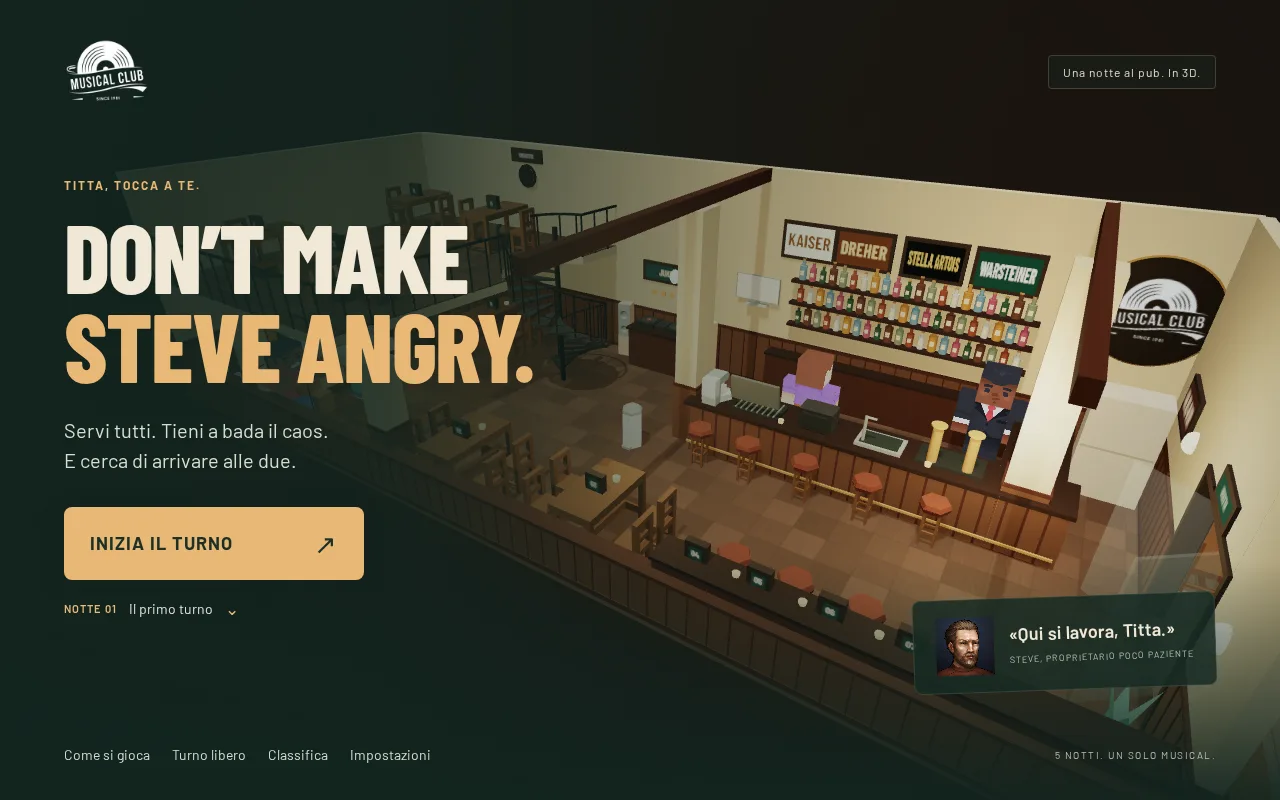 Don't Make Steve Angry in 3D: vista isometrica del Musical Club con menu Inizia il turno
