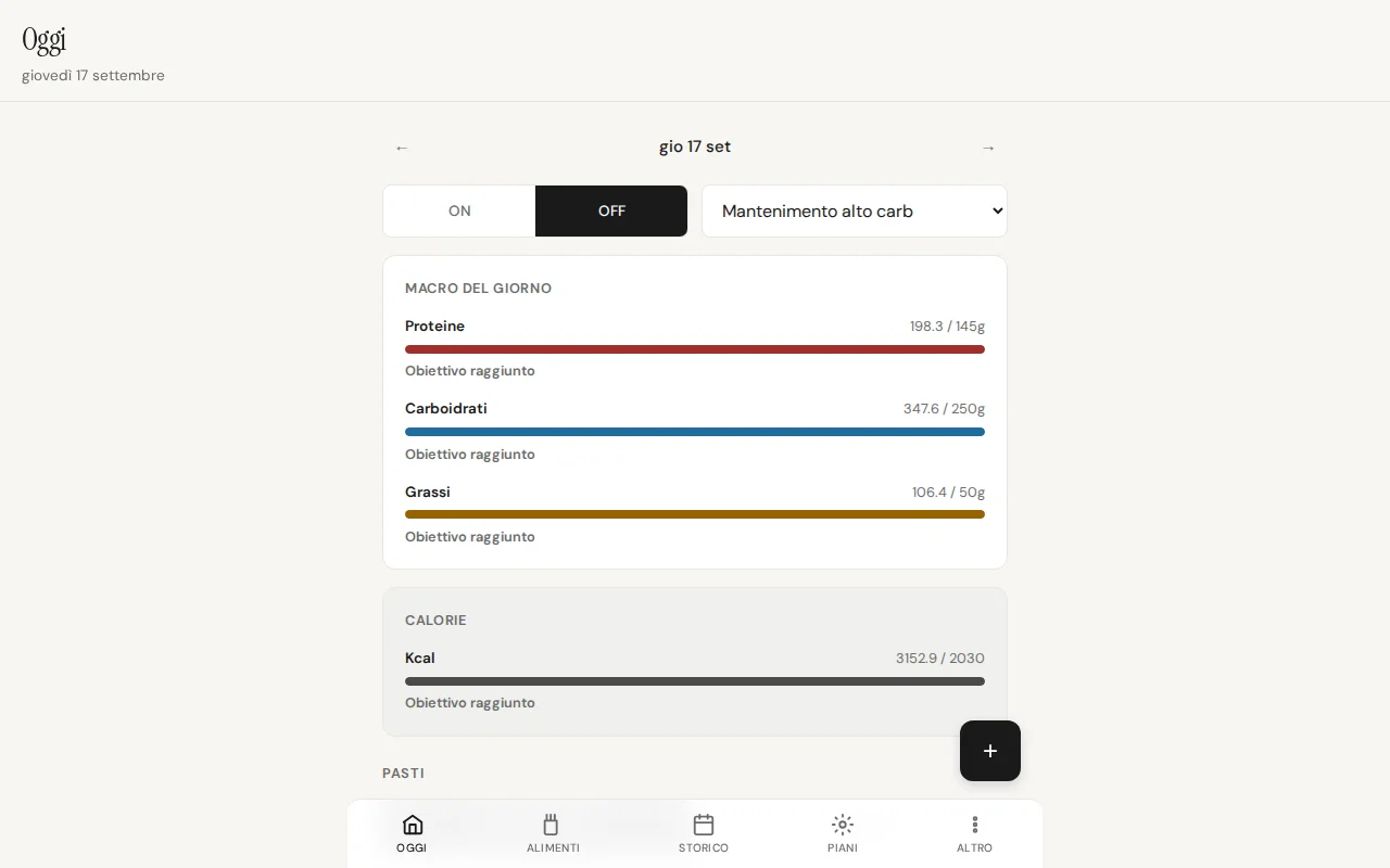 Macro Tracker: dashboard del giorno con macro, calorie e pasti compilati