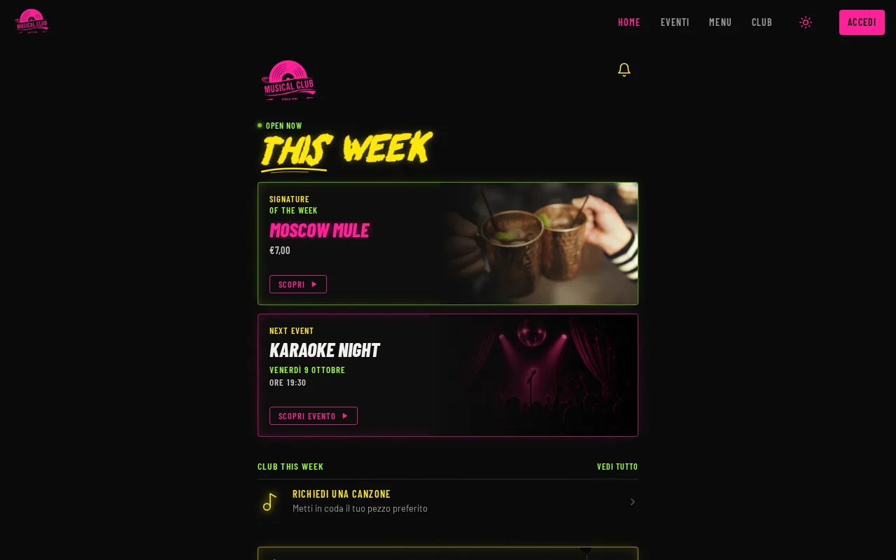 App Musical Club 81: home scura con drink della settimana, karaoke in programma e richiesta canzoni